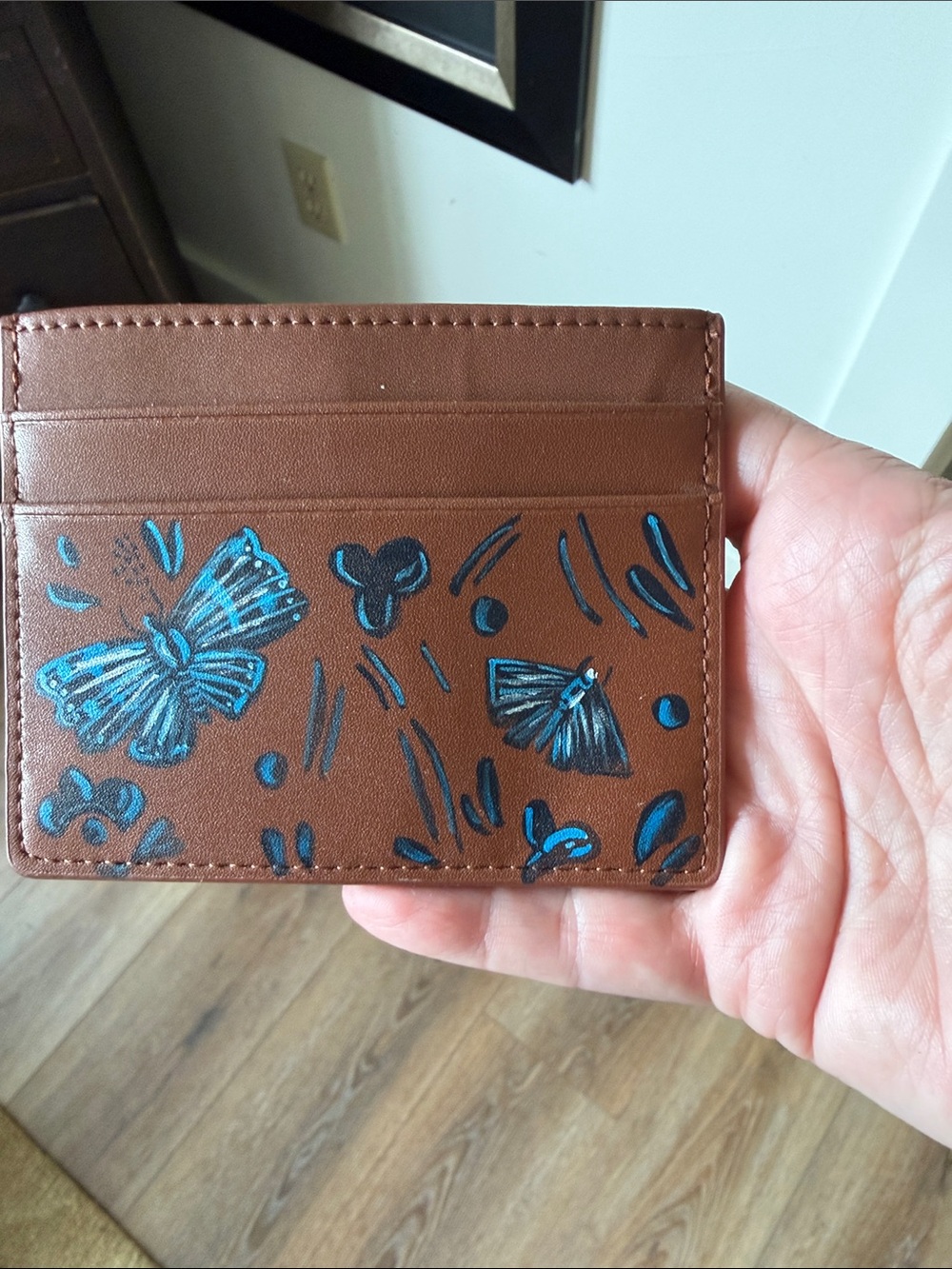 Brown Leather Card Holder with Blue Butterfly Design